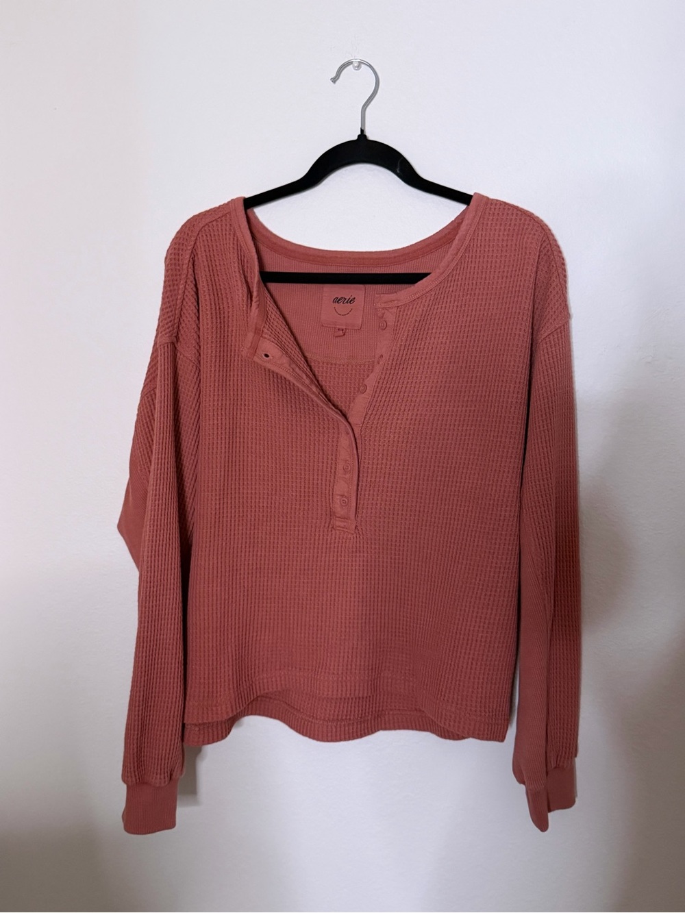 aerie Waffle Henley Long Sleeve Top - Rosewood